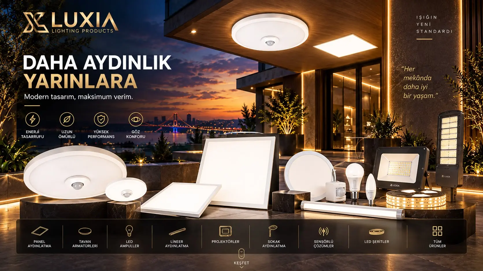 Luxia panel, tavan, LED, lineer, projektör ve dış mekân aydınlatma ürünleri